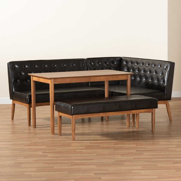 Baxton Studio Baxton Studio Riordan 4-Piece Mid-Century Dining Nook Set with Faux Leather & Walnut Finish Charm BBT8051.13-Dark Brown/Walnut-4PC Dining Nook Set
