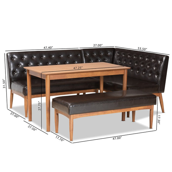 Baxton Studio Baxton Studio Riordan 4-Piece Mid-Century Dining Nook Set with Faux Leather & Walnut Finish Charm BBT8051.13-Dark Brown/Walnut-4PC Dining Nook Set