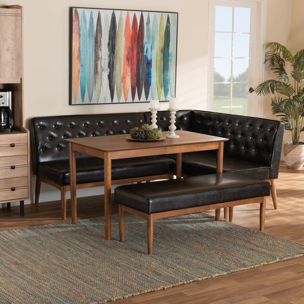 Baxton Studio Baxton Studio Riordan 4-Piece Mid-Century Dining Nook Set with Faux Leather & Walnut Finish Charm BBT8051.13-Dark Brown/Walnut-4PC Dining Nook Set
