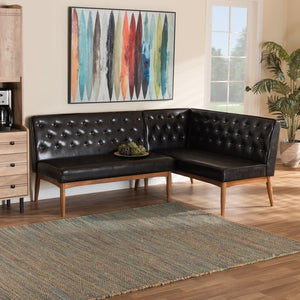 Baxton Studio Baxton Riordan Mid-Century Modern Faux Leather Dining Nook Banquette Set for Small Spaces BBT8051.13-Dark Brown/Walnut-2PC SF Bench