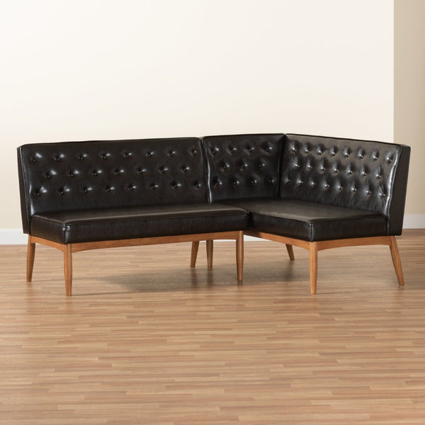 Baxton Studio Baxton Riordan Mid-Century Modern Faux Leather Dining Nook Banquette Set for Small Spaces BBT8051.13-Dark Brown/Walnut-2PC SF Bench