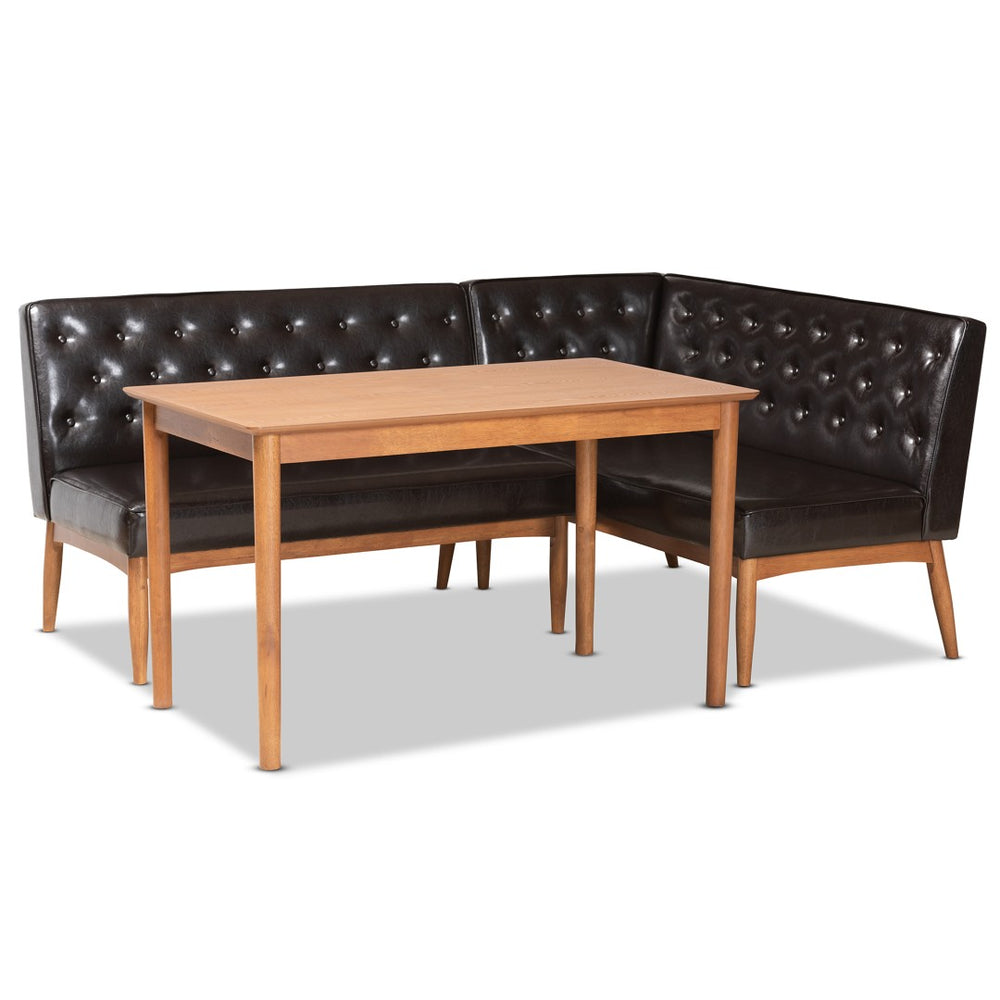 Baxton Studio Baxton Studio Riordan 3-Piece Dining Nook Set - Mid-Century Modern Walnut & Dark Brown Faux Leather BBT8051.13-Dark Brown/Walnut-3PC Dining Nook Set