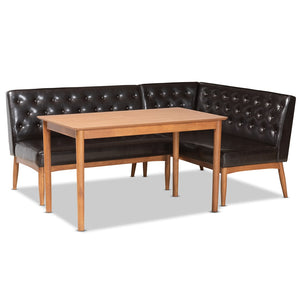 Baxton Studio Baxton Studio Riordan 3-Piece Dining Nook Set - Mid-Century Modern Walnut & Dark Brown Faux Leather BBT8051.13-Dark Brown/Walnut-3PC Dining Nook Set