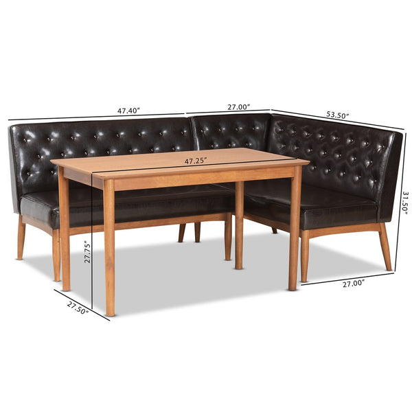 Baxton Studio Baxton Studio Riordan 3-Piece Dining Nook Set - Mid-Century Modern Walnut & Dark Brown Faux Leather BBT8051.13-Dark Brown/Walnut-3PC Dining Nook Set