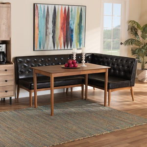 Baxton Studio Baxton Studio Riordan 3-Piece Dining Nook Set - Mid-Century Modern Walnut & Dark Brown Faux Leather BBT8051.13-Dark Brown/Walnut-3PC Dining Nook Set
