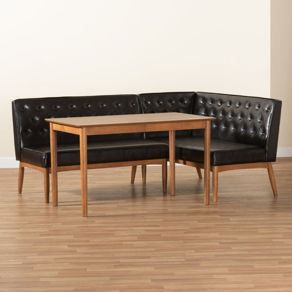 Baxton Studio Baxton Studio Riordan 3-Piece Dining Nook Set - Mid-Century Modern Walnut & Dark Brown Faux Leather BBT8051.13-Dark Brown/Walnut-3PC Dining Nook Set