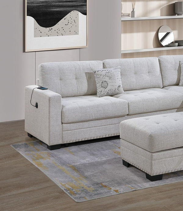 English Elm Living L-Shaped Sectional Sofa Set with Reversible Chaise, Tufted Burlap Fabric, Storage Ottoman, USB Port Beige,Neutral 34 L x 26 W x 65 H B011S01776