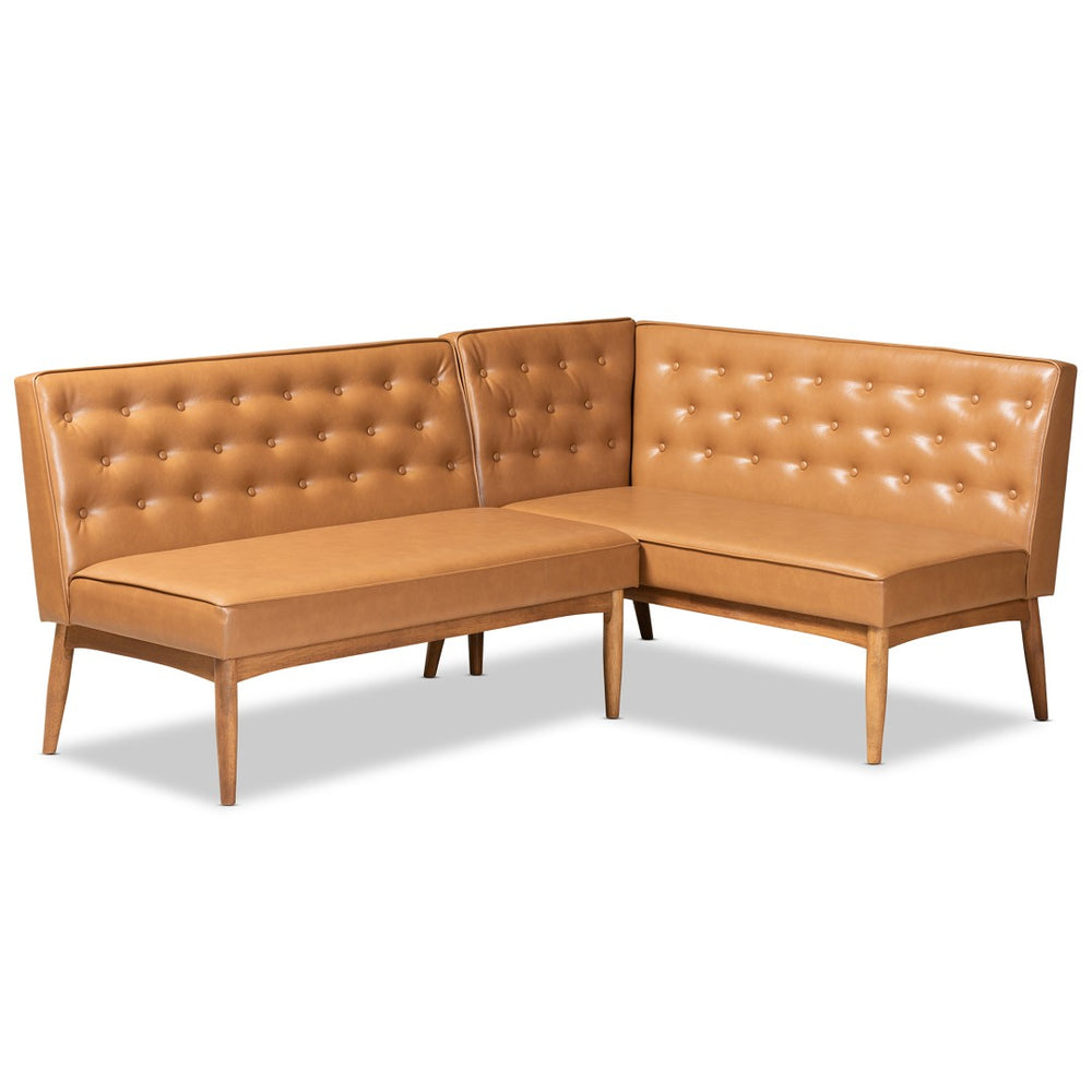 Baxton Studio Baxton Riordan Mid-Century Modern Tan Faux Leather Banquette Set for Cozy Dining Spaces BBT8051.13-Tan/Walnut-2PC SF Bench