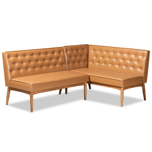 Baxton Studio Baxton Riordan Mid-Century Modern Tan Faux Leather Banquette Set for Cozy Dining Spaces BBT8051.13-Tan/Walnut-2PC SF Bench