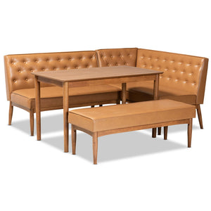 Baxton Studio Baxton Mid-Century Modern Tan Faux Leather Dining Nook Set with Walnut Wood Finish for Cozy Spaces Riordan BBT8051.13-Tan/Walnut-4PC Dining Nook Set
