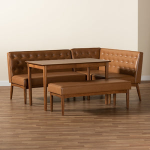 Baxton Studio Baxton Mid-Century Modern Tan Faux Leather Dining Nook Set with Walnut Wood Finish for Cozy Spaces Riordan BBT8051.13-Tan/Walnut-4PC Dining Nook Set