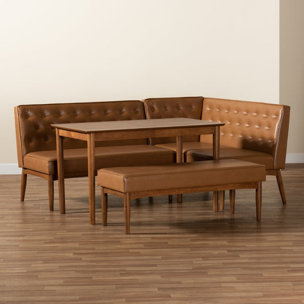 Baxton Studio Baxton Mid-Century Modern Tan Faux Leather Dining Nook Set with Walnut Wood Finish for Cozy Spaces Riordan BBT8051.13-Tan/Walnut-4PC Dining Nook Set