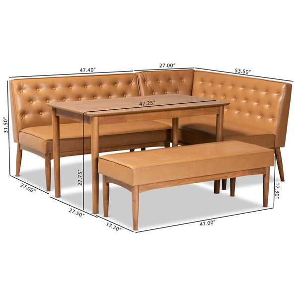 Baxton Studio Baxton Mid-Century Modern Tan Faux Leather Dining Nook Set with Walnut Wood Finish for Cozy Spaces Riordan BBT8051.13-Tan/Walnut-4PC Dining Nook Set