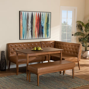 Baxton Studio Baxton Mid-Century Modern Tan Faux Leather Dining Nook Set with Walnut Wood Finish for Cozy Spaces Riordan BBT8051.13-Tan/Walnut-4PC Dining Nook Set