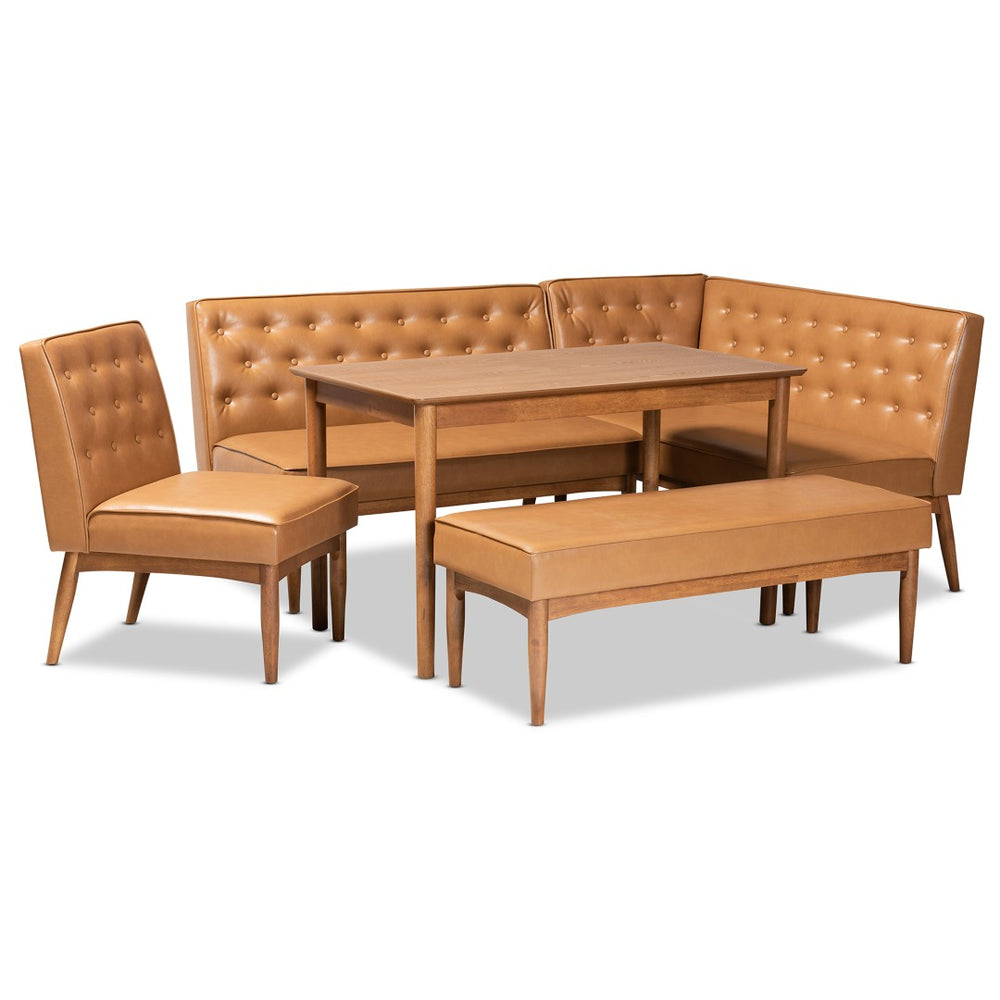 Baxton Studio Baxton Mid-Century Modern Tan Faux Leather Dining Nook Set with Walnut Wood Finish for Cozy Spaces Riordan 5-Piece BBT8051.13-Tan/Walnut-5PC Dining Nook Set