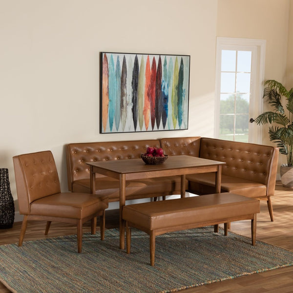 Baxton Studio Baxton Mid-Century Modern Tan Faux Leather Dining Nook Set with Walnut Wood Finish for Cozy Spaces Riordan 5-Piece BBT8051.13-Tan/Walnut-5PC Dining Nook Set
