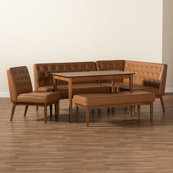 Baxton Studio Baxton Mid-Century Modern Tan Faux Leather Dining Nook Set with Walnut Wood Finish for Cozy Spaces Riordan 5-Piece BBT8051.13-Tan/Walnut-5PC Dining Nook Set