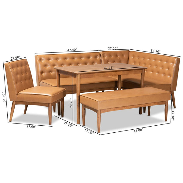 Baxton Studio Baxton Mid-Century Modern Tan Faux Leather Dining Nook Set with Walnut Wood Finish for Cozy Spaces Riordan 5-Piece BBT8051.13-Tan/Walnut-5PC Dining Nook Set