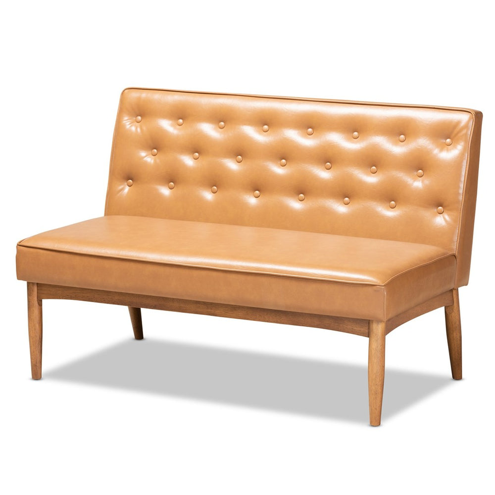 Baxton Studio Baxton Riordan Mid-Century Modern Tan Faux Leather Banquette Set for Cozy Dining Spaces BBT8051.13-Tan/Walnut-2PC SF Bench