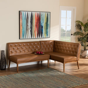 Baxton Studio Baxton Riordan Mid-Century Modern Tan Faux Leather Banquette Set for Cozy Dining Spaces BBT8051.13-Tan/Walnut-2PC SF Bench