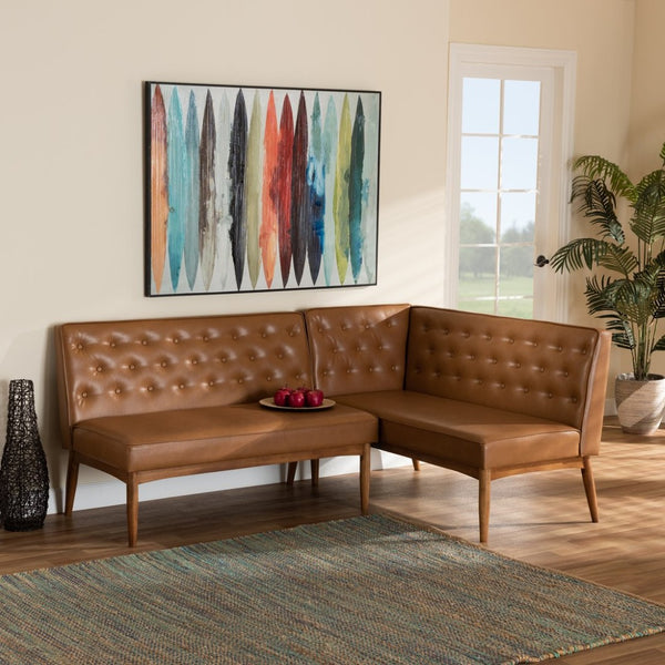 Baxton Studio Baxton Riordan Mid-Century Modern Tan Faux Leather Banquette Set for Cozy Dining Spaces BBT8051.13-Tan/Walnut-2PC SF Bench