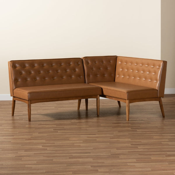 Baxton Studio Baxton Riordan Mid-Century Modern Tan Faux Leather Banquette Set for Cozy Dining Spaces BBT8051.13-Tan/Walnut-2PC SF Bench