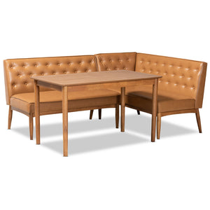 Baxton Studio Baxton Riordan 3-Piece Mid-Century Modern Dining Nook Set with Tan Faux Leather & Walnut Finish BBT8051.13-Tan/Walnut-3PC Dining Nook Set
