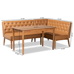 Baxton Studio Baxton Riordan 3-Piece Mid-Century Modern Dining Nook Set with Tan Faux Leather & Walnut Finish BBT8051.13-Tan/Walnut-3PC Dining Nook Set