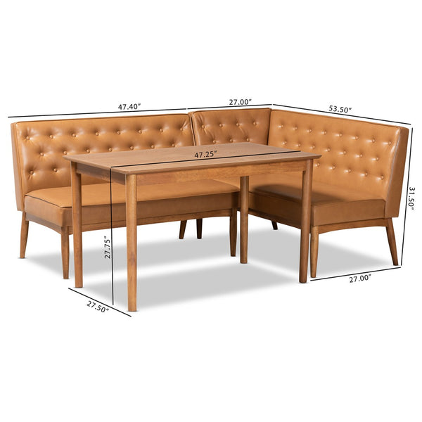 Baxton Studio Baxton Riordan 3-Piece Mid-Century Modern Dining Nook Set with Tan Faux Leather & Walnut Finish BBT8051.13-Tan/Walnut-3PC Dining Nook Set