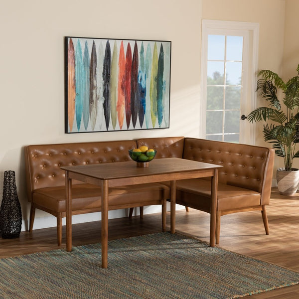 Baxton Studio Baxton Riordan 3-Piece Mid-Century Modern Dining Nook Set with Tan Faux Leather & Walnut Finish BBT8051.13-Tan/Walnut-3PC Dining Nook Set