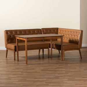 Baxton Studio Baxton Riordan 3-Piece Mid-Century Modern Dining Nook Set with Tan Faux Leather & Walnut Finish BBT8051.13-Tan/Walnut-3PC Dining Nook Set
