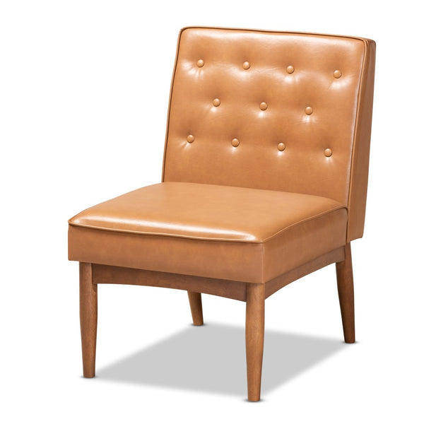 Baxton Studio Baxton Riordan Mid-Century Modern Dining Chair in Tan Faux Leather & Walnut Wood – Compact Comfort BBT8051.13-Tan/Walnut-CC