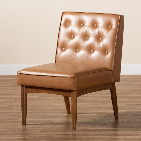 Baxton Studio Baxton Riordan Mid-Century Modern Dining Chair in Tan Faux Leather & Walnut Wood – Compact Comfort BBT8051.13-Tan/Walnut-CC