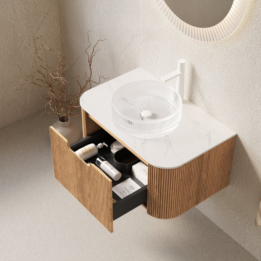 English Elm Muri Floating Bathroom Vanity Plywood Cabinet Sintered Stone Top Oak Drawer W2615S00236