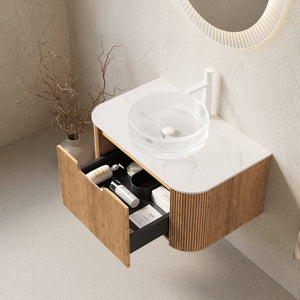 English Elm Muri Floating Bathroom Vanity Plywood Cabinet Sintered Stone Top Oak Drawer W2615S00236