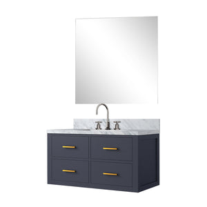 English Elm Blue Single-Sink Vanity Set With Carrara Marble Top, Chrome Faucet & Frameless Mirror – Stylish Elegance B2731S01984