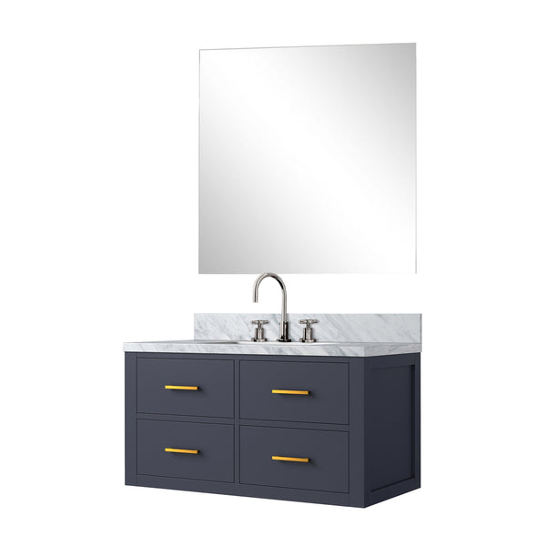 English Elm Blue Single-Sink Vanity Set With Carrara Marble Top, Chrome Faucet & Frameless Mirror – Stylish Elegance B2731S01984
