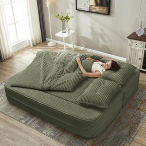 English Elm Multi Purpose Corduroy Sectional with Chaise Converts to King Floor Bed Deep Seat Green W3219S00009