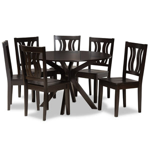 Baxton Studio Baxton Studio Mare 7-Piece Dining Set: Modern Dark Brown Wood Table & Elegant Geometric Chairs Mare-Dark Brown-7PC Dining Set