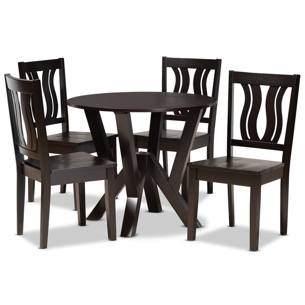 Baxton Studio Baxton Studio Noelia 5-Piece Modern Dining Set - Dark Brown Wood, Sculptural Chairs & Round Table Noelia-Dark Brown-5PC Dining Set