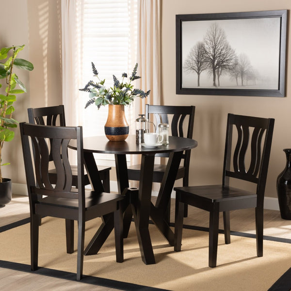 Baxton Studio Baxton Studio Noelia 5-Piece Modern Dining Set - Dark Brown Wood, Sculptural Chairs & Round Table Noelia-Dark Brown-5PC Dining Set