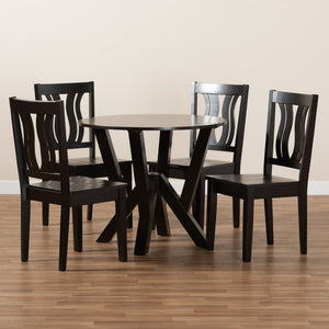 Baxton Studio Baxton Studio Noelia 5-Piece Modern Dining Set - Dark Brown Wood, Sculptural Chairs & Round Table Noelia-Dark Brown-5PC Dining Set