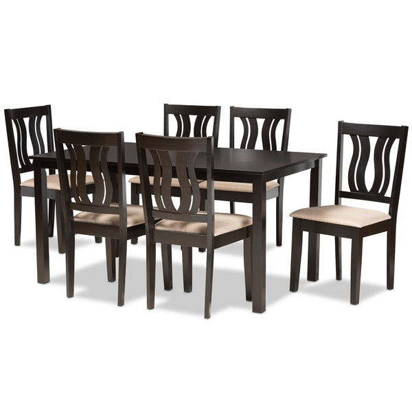 Baxton Studio Baxton Studio Fenton 7-Piece Dining Set - Modern Sand Upholstered Chairs & Dark Brown Table Design RH338C-Sand/Dark Brown-7PC Dining Set