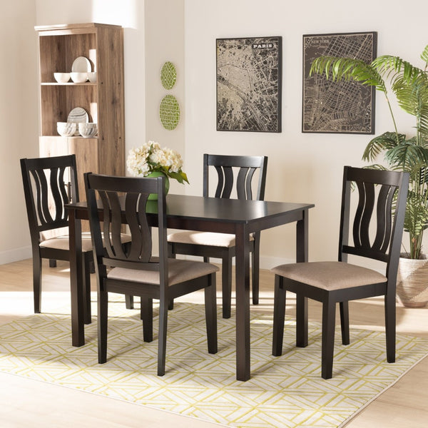 Baxton Studio Baxton Fenton 5-Piece Modern Dining Set with Sand Upholstered Chairs and Dark Brown Wood Table RH338C-Sand/Dark Brown-5PC Dining Set