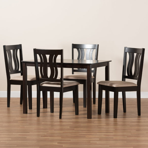 Baxton Studio Baxton Fenton 5-Piece Modern Dining Set with Sand Upholstered Chairs and Dark Brown Wood Table RH338C-Sand/Dark Brown-5PC Dining Set