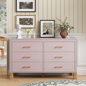 English Elm 6-drawer Double Dresser Solid Wood Legs Mid-century Modern Bedroom Storage Cabinet Pink W1445S00009