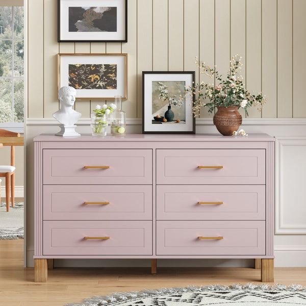 English Elm 6-drawer Double Dresser Solid Wood Legs Mid-century Modern Bedroom Storage Cabinet Pink W1445S00009