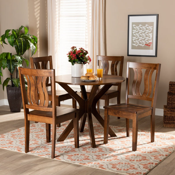 Baxton Studio Baxton Studio Modern 5-Piece Dining Set with Dark Brown Wood, Geometric Design & Comfort Seating Mare Walnut 5-Piece Mare-Walnut-5PC Dining Set