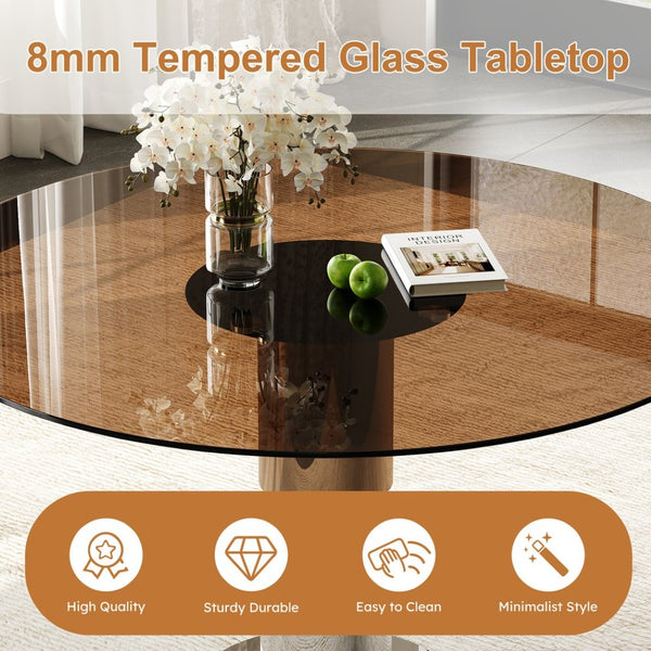 English Elm 35-inch Round Tempered Glass Dining Table with Steel Base for Small Apartments W509S00162