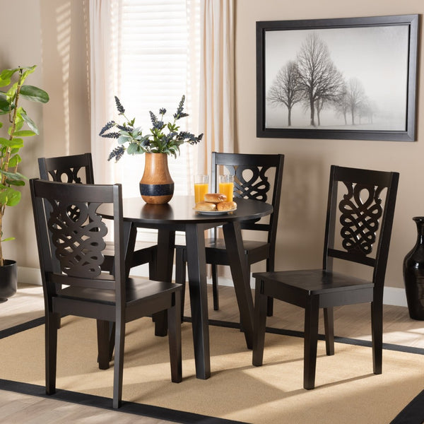 Baxton Studio Baxton Studio Mina 5-Piece Dining Set – Modern Dark Brown Wood Table & Geometric Chair Design Mina-Dark Brown-5PC Dining Set